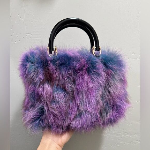 Purple Gradient Handmade Luxury Real Fox Fur Top Handles Satchel Bag/Crossbody - Picture 3 of 16